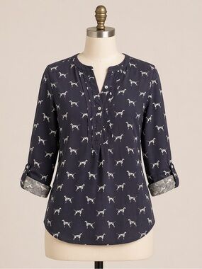 Talbots Dalmatian 3/4 Button Front Shirt Womens Blue Pleated Long Sleeve Size 2P